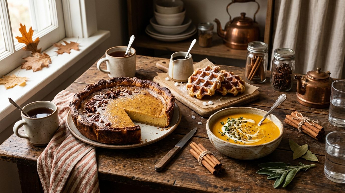 Table d'automne gourmande avec pâtisseries dorées, gaufres liégeoises et velouté réconfortant