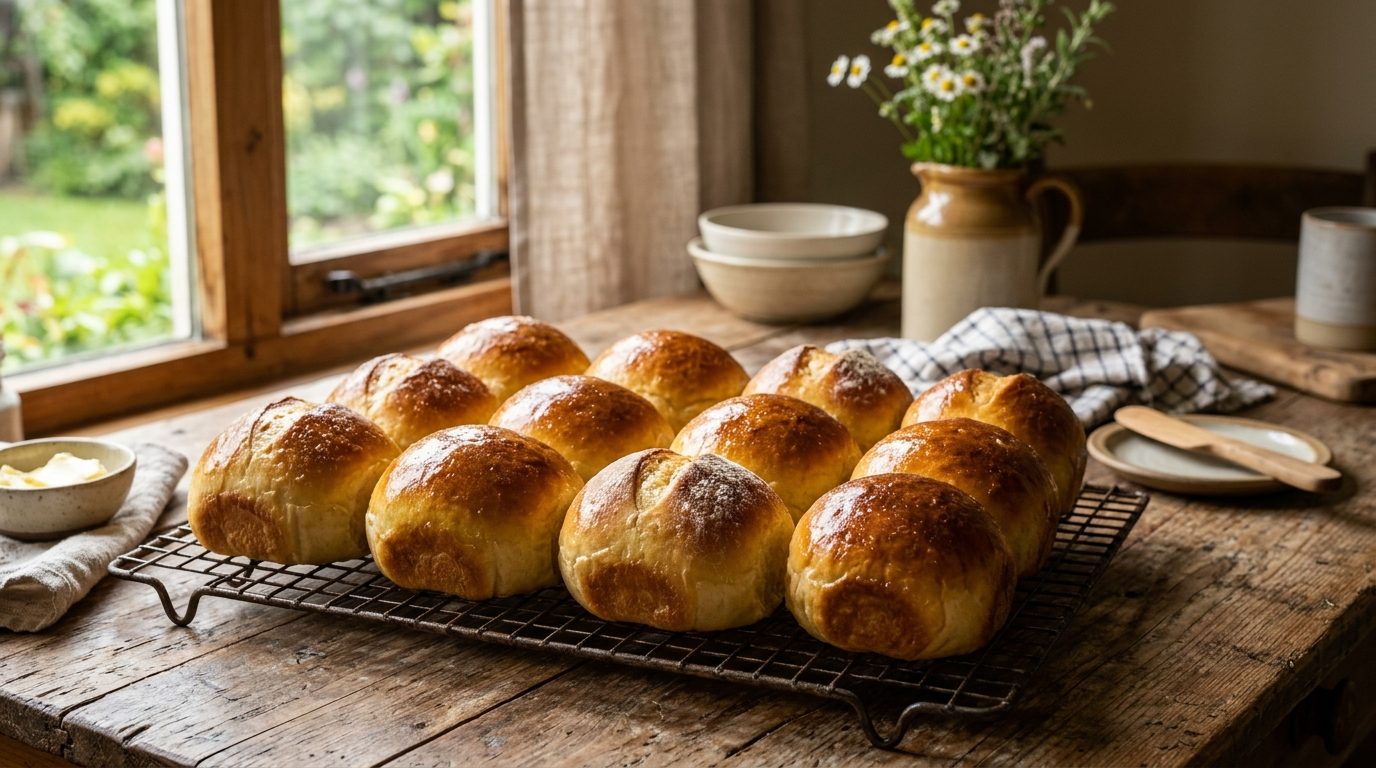Pains au lait maison dorés et moelleux disposés sur une grille de refroidissement