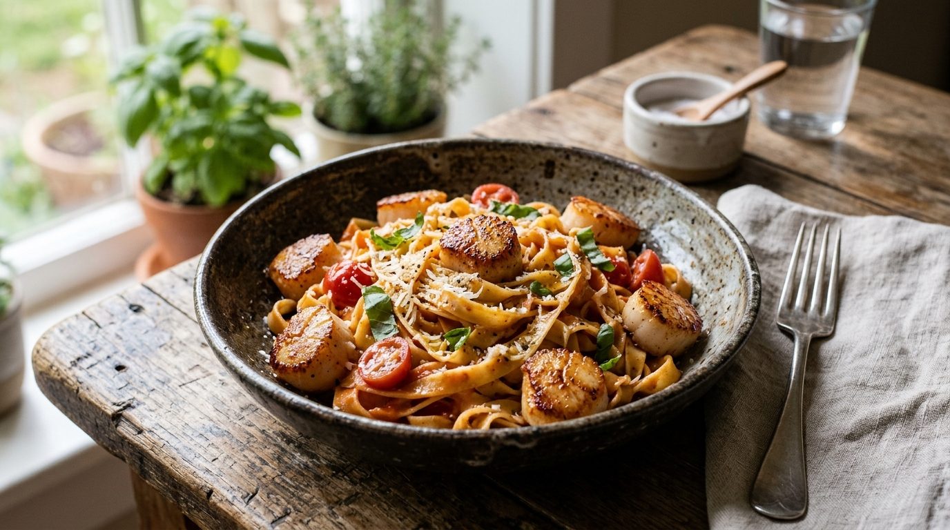 Tagliatelles fraîches maison aux noix de Saint-Jacques et sauce tomate au basilic
