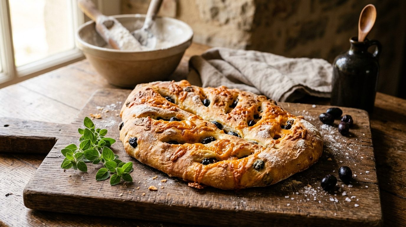 Fougasse maison aux olives noires et mimolette