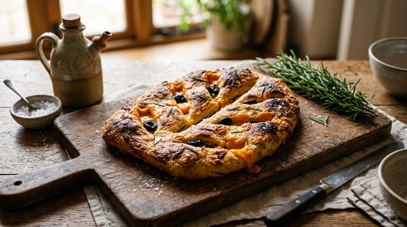 Fougasse maison aux olives noires et mimolette