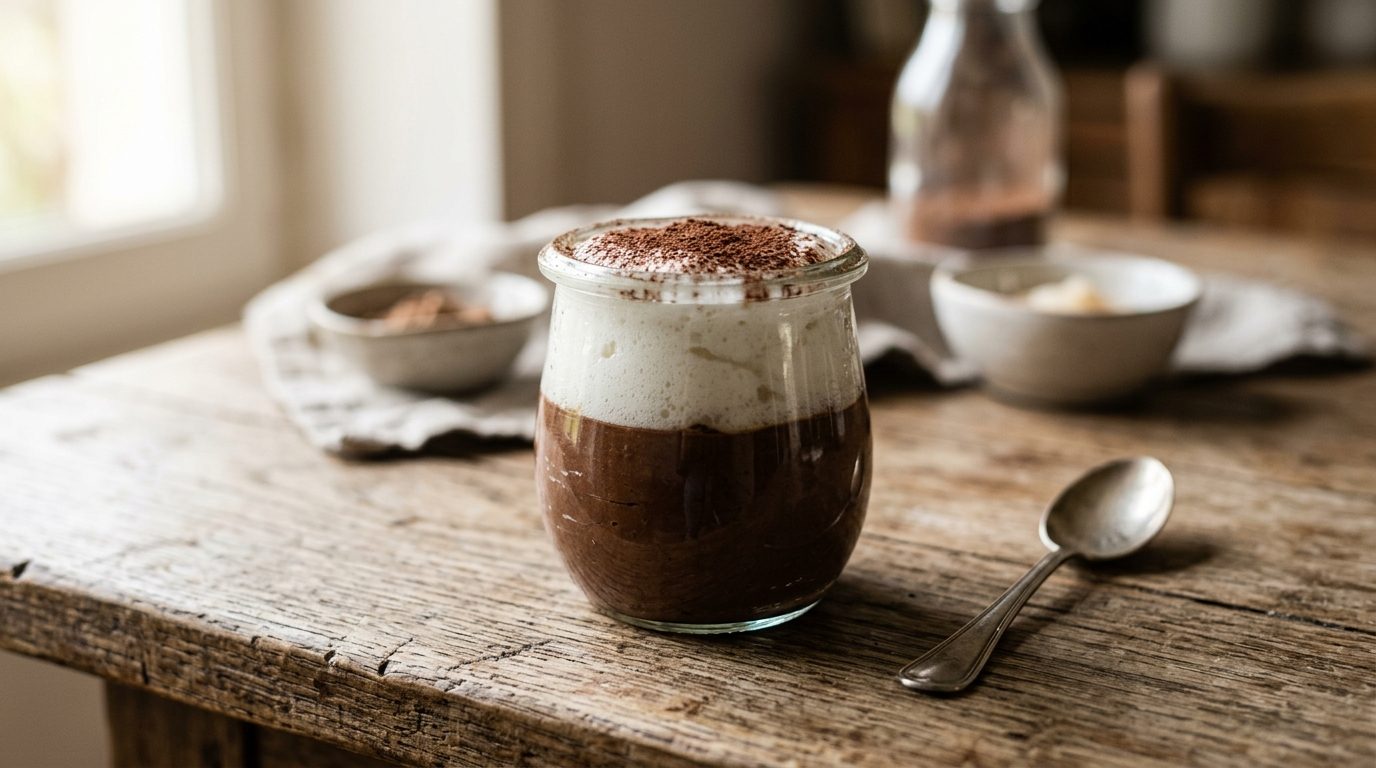 Mousse au chocolat noir et son espuma aérien de poire
