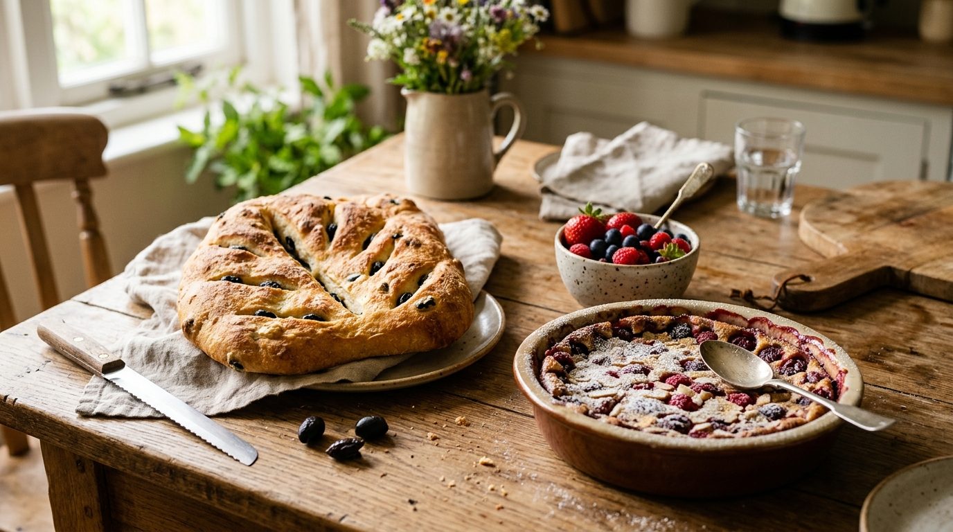 Table gourmande avec fougasse maison aux olives, clafoutis doré et fruits rouges d'été
