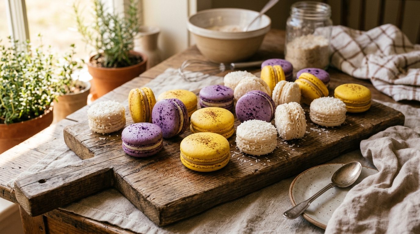 Assortiment de macarons maison colorés posés sur une planche de présentation
