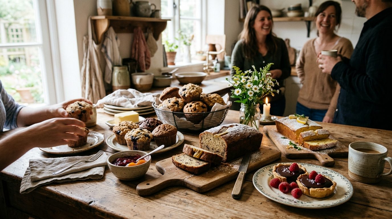 Table conviviale garnie de pâtisseries et douceurs faites maison pour un moment de partage