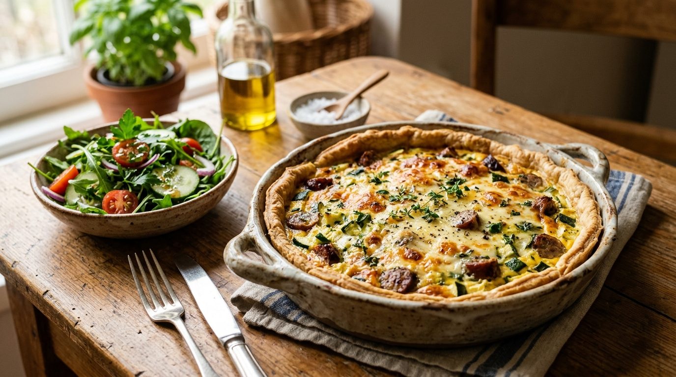 Quiche vide-frigo aux courgettes, saucisses et mozzarella
