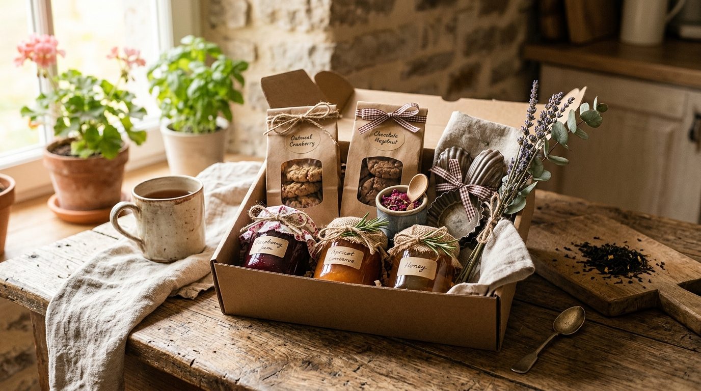 Colis gourmand fait-maison garni de biscuits, bocaux artisanaux et accessoires de cuisine