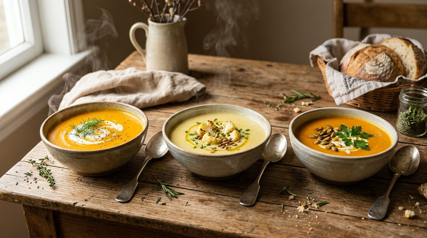 Trois veloutés d&rsquo;hiver réconfortants : carottes à la fève tonka, chou-fleur au safran et potiron crémeux
