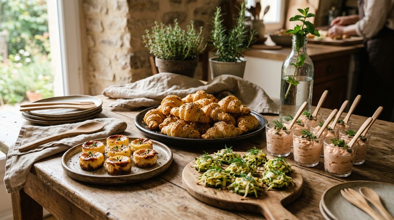 Assortiment de bouchées apéritives maison avec mini-croissants feuilletés et verrines gourmandes
