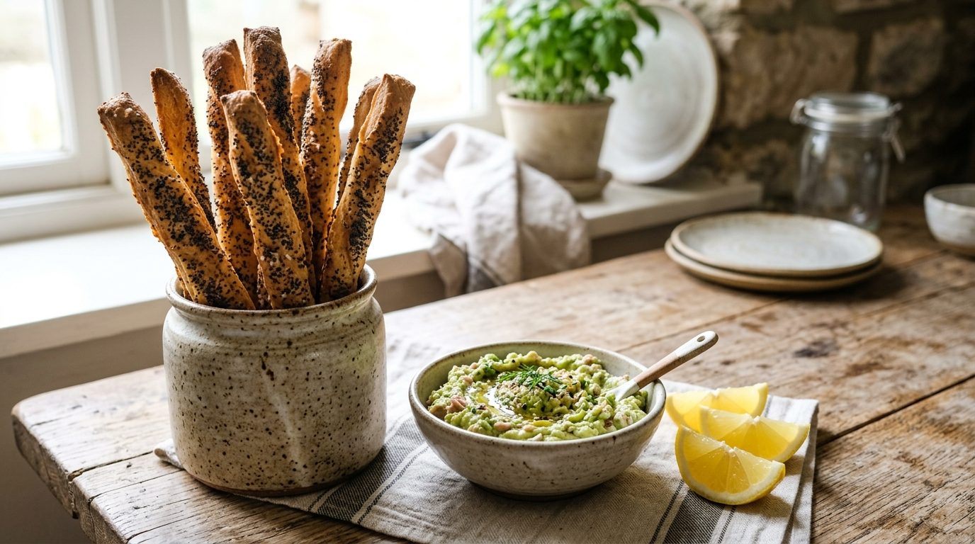 Gressins maison au pavot et rillettes fraîches avocat-thon