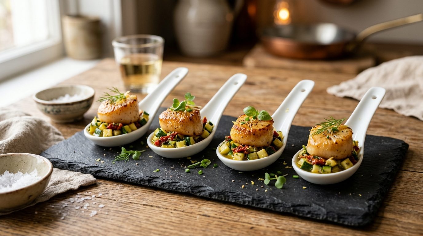 Cuillères apéritives aux Saint-Jacques et petits légumes croquants