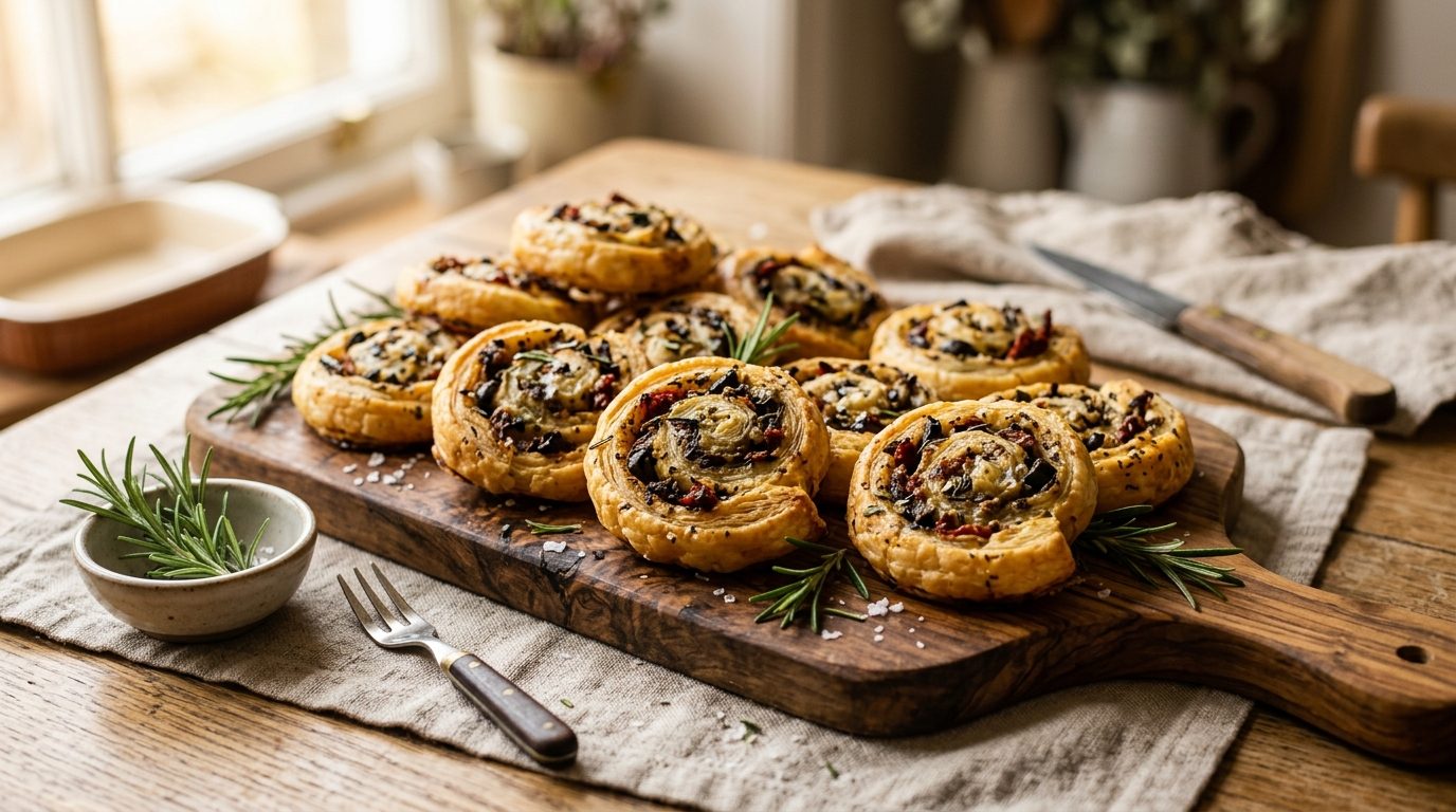 Roulés feuilletés apéritifs croustillants à la tapenade et tomates séchées présentés sur une planche en bois