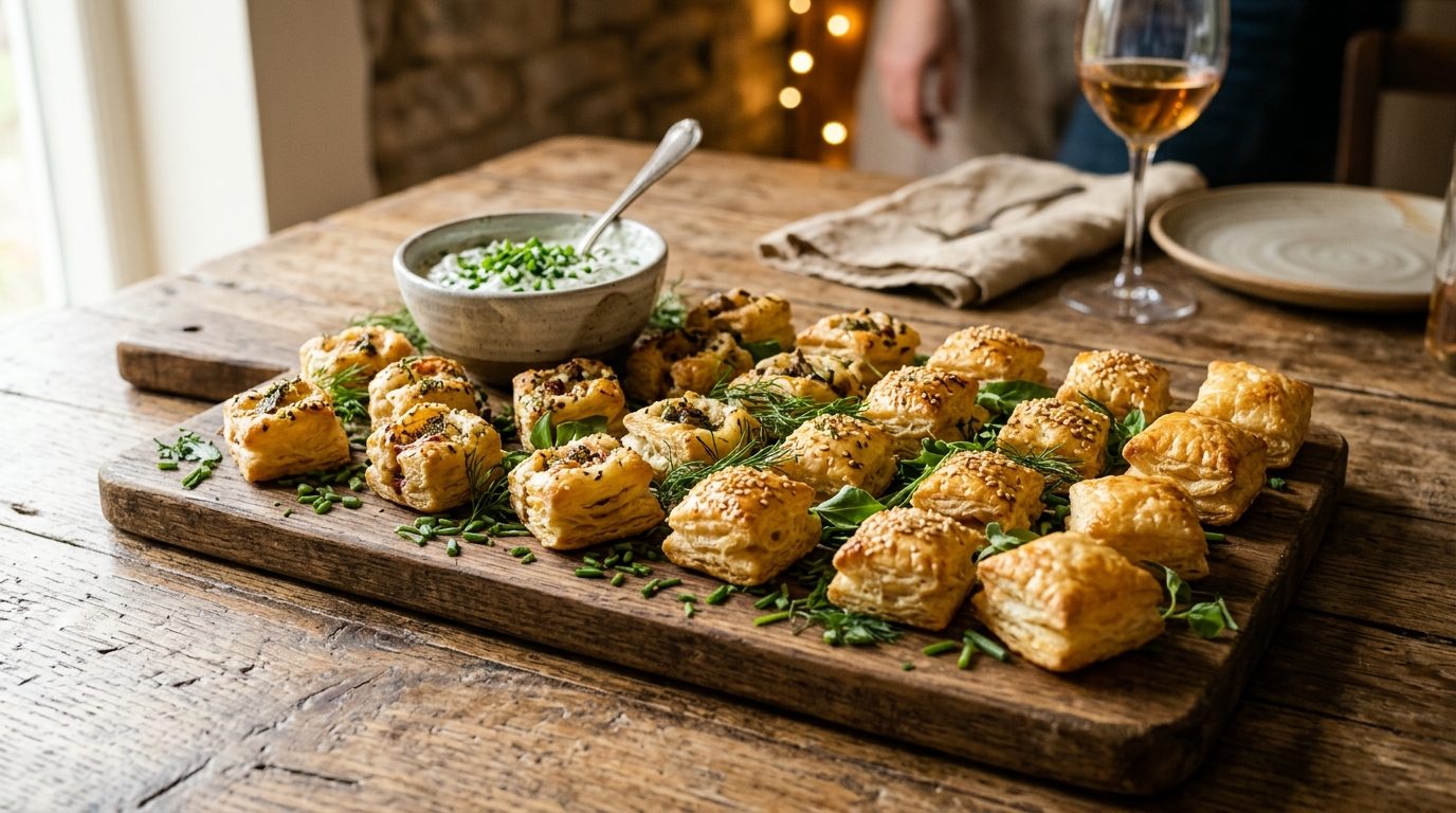 Petits feuilletés apéritifs dorés et croustillants disposés sur une planche apéritive