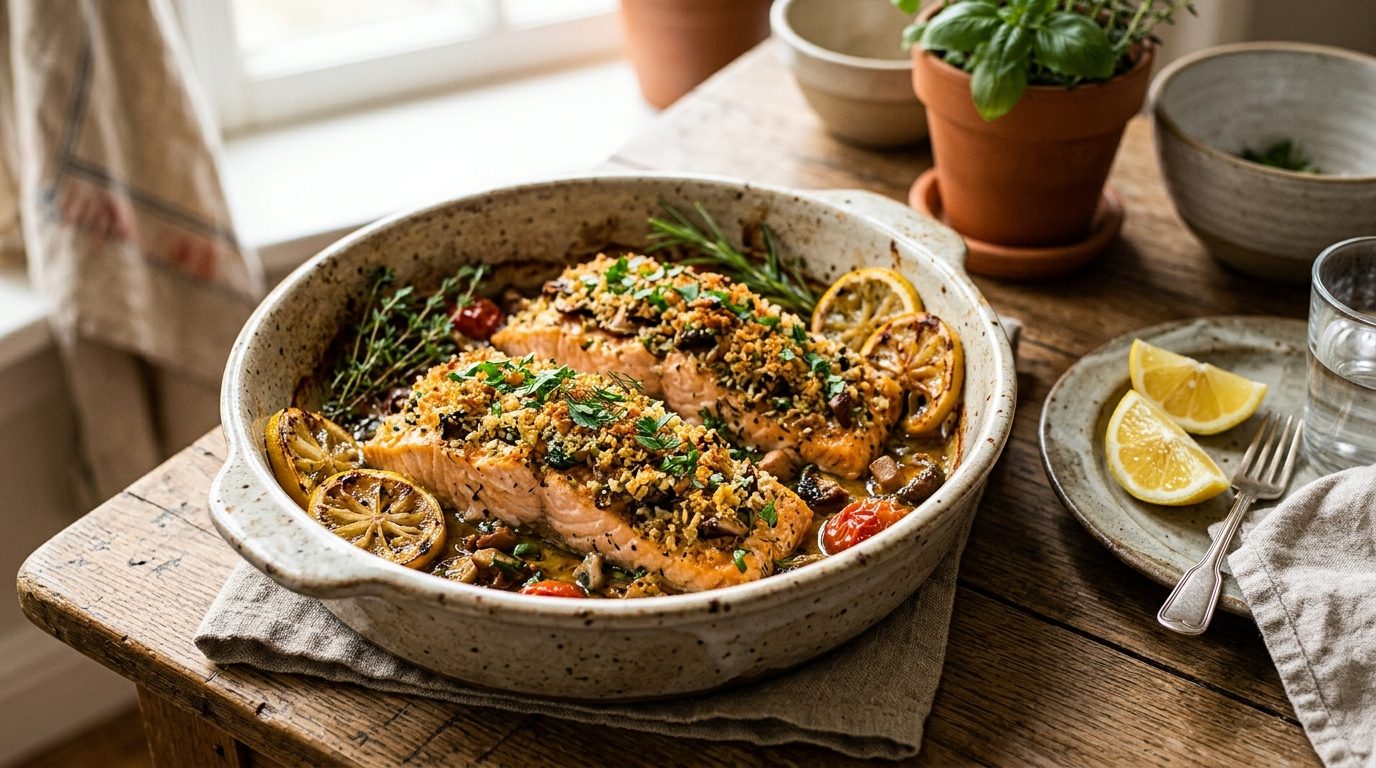 Pavés de saumon gratinés aux champignons