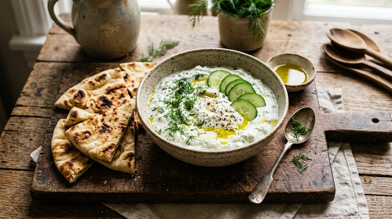 Bol de tzatziki maison garni d'aneth fraîche et arrosé d'huile d'olive