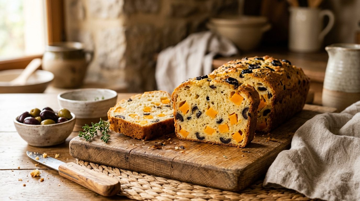 Cake moelleux aux olives noires et à la mimolette