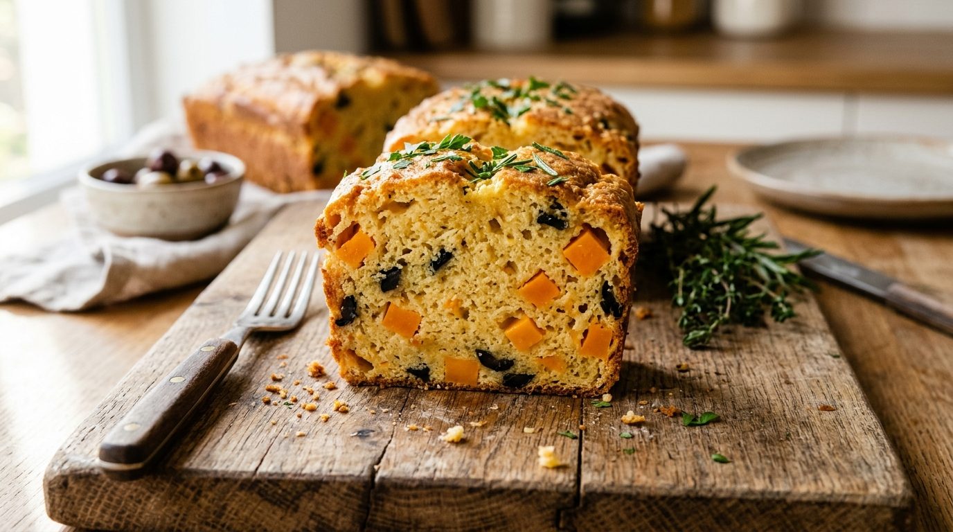 Tranches de cake salé aux olives noires et dés de mimolette sur une planche de bois