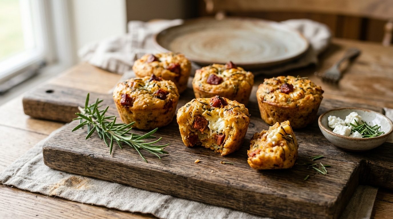 Mini-cakes dorés au chorizo et fromage de chèvre présentés sur une planche apéritive
