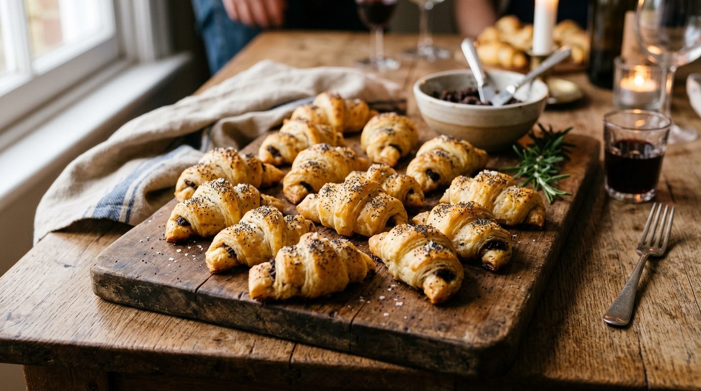 Mini-croissants apéritifs feuilletés à la tapenade et graines de pavot dorés au four