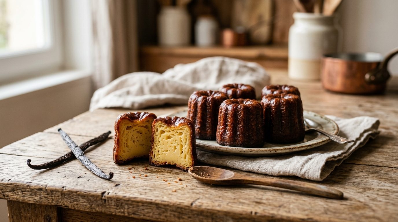 Cannelés bordelais maison croustillants et dorés posés sur une table en bois
