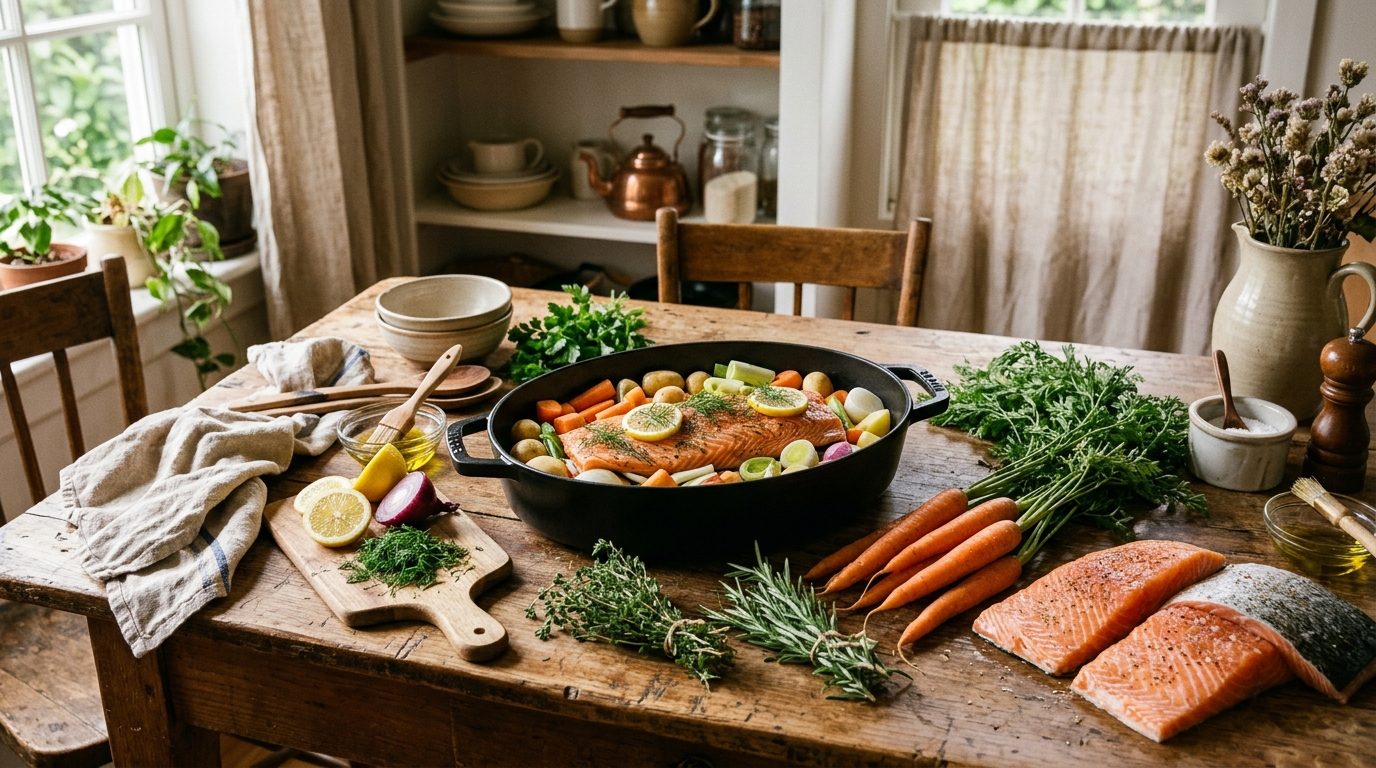 Plat en cocotte entouré d'ingrédients frais dans une cuisine familiale chaleureuse