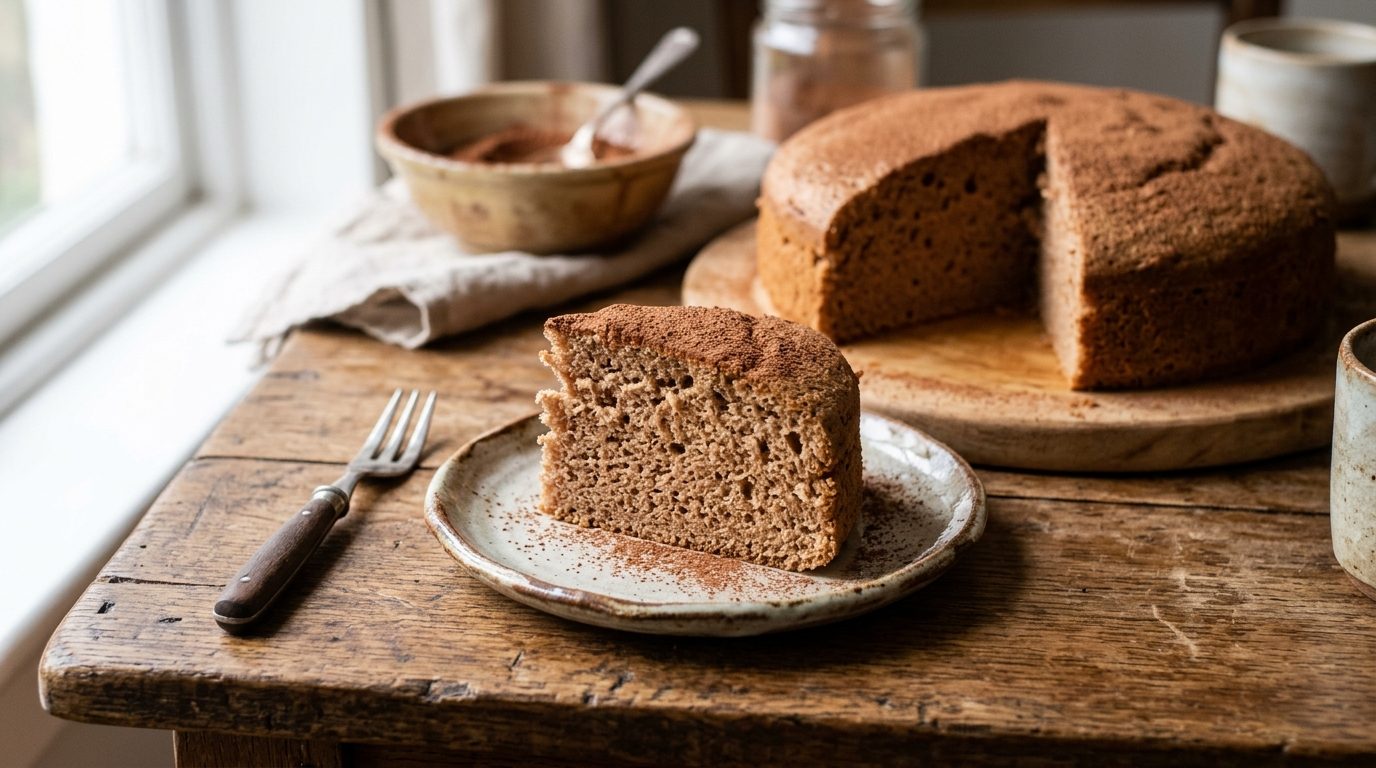 Part de gâteau au chocolat léger et moelleux sur une assiette dans une cuisine chaleureuse