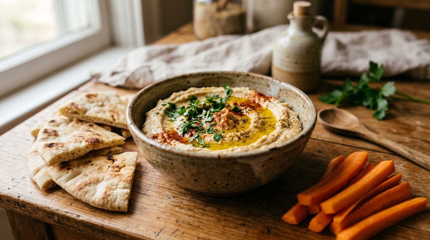 Bol de houmous maison crémeux avec huile d'olive, persil frais et bâtonnets de légumes pour l'apéritif