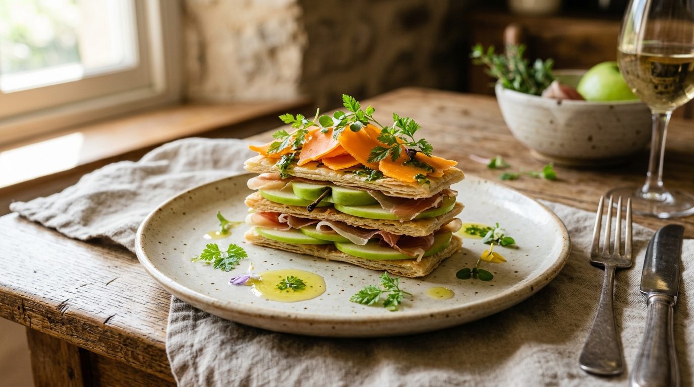Mille-feuille de pomme Granny Smith, mimolette et jambon fumé croustillant
