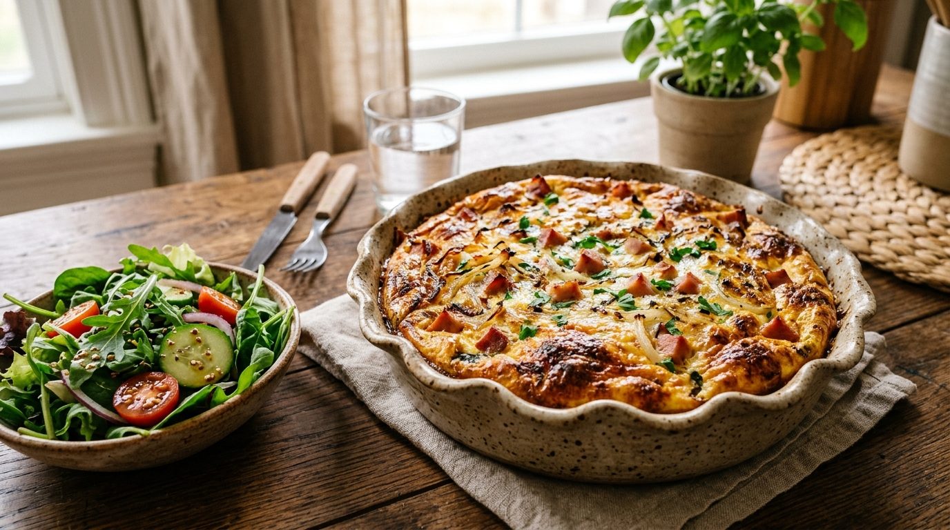 Quiche sans pâte aux dés de jambon, oignons et pointe de moutarde