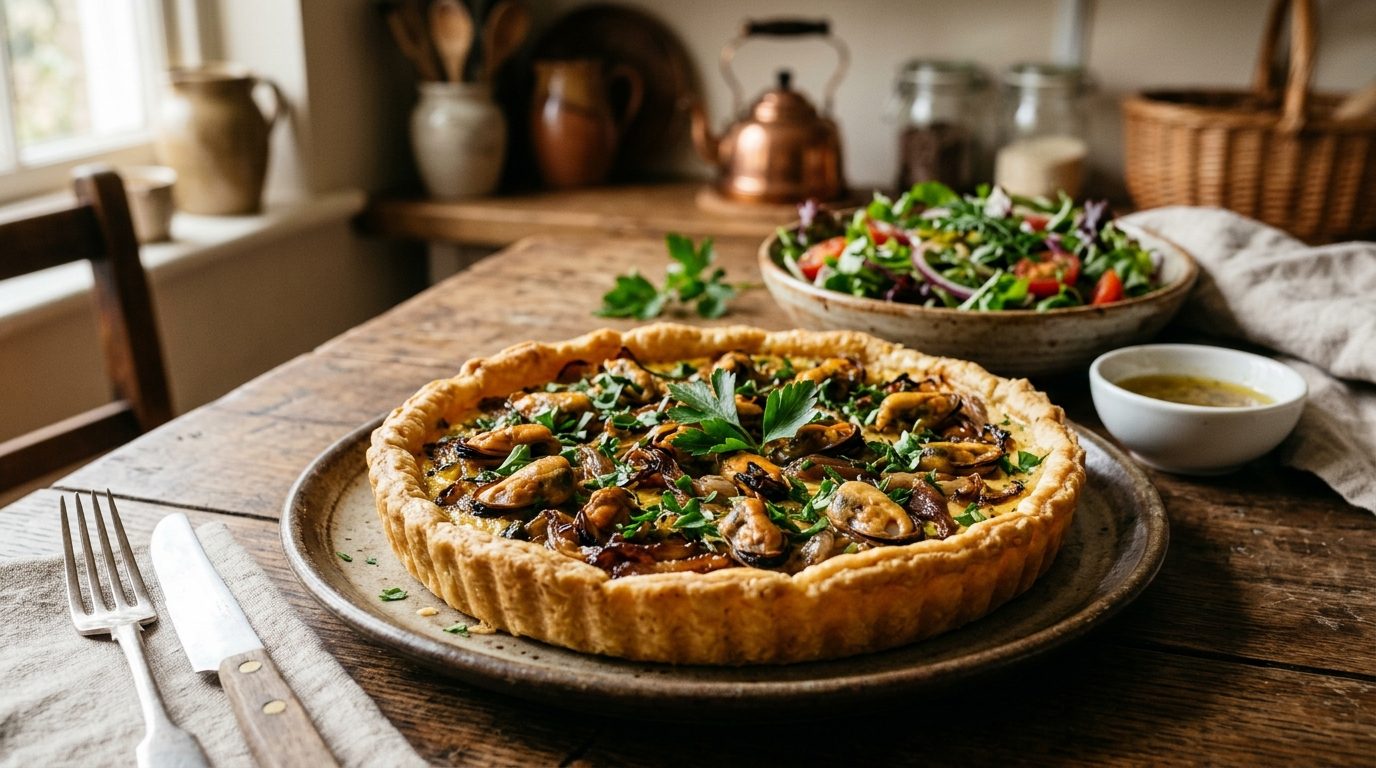 Tarte aux moules et aux échalotes fondantes