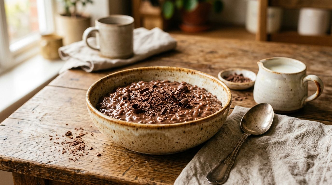 Ramequin de riz au lait crémeux au chocolat noir parsemé de copeaux de chocolat