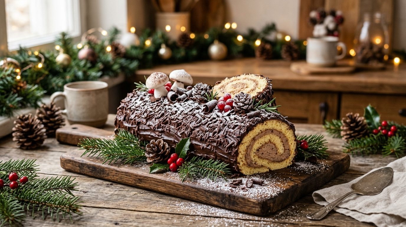 Bûche de Noël roulée à la crème de marron et chocolat