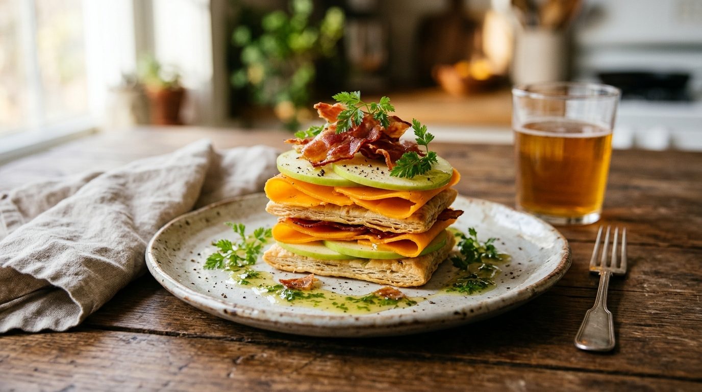Mille-feuille de pomme Granny Smith, mimolette et jambon fumé en hommage à Micky