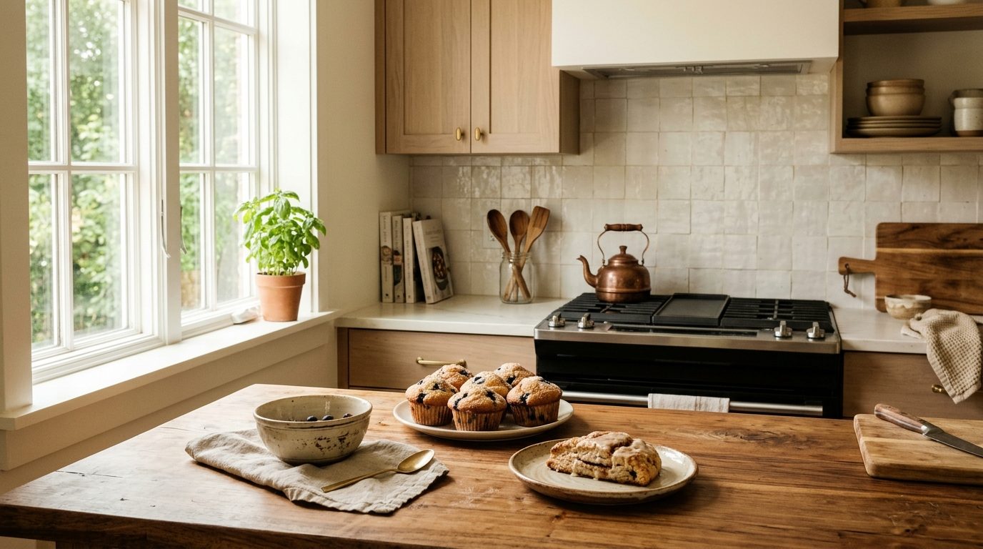 Cuisine familiale lumineuse avec crédence moderne en faïence et murs fraîchement peints