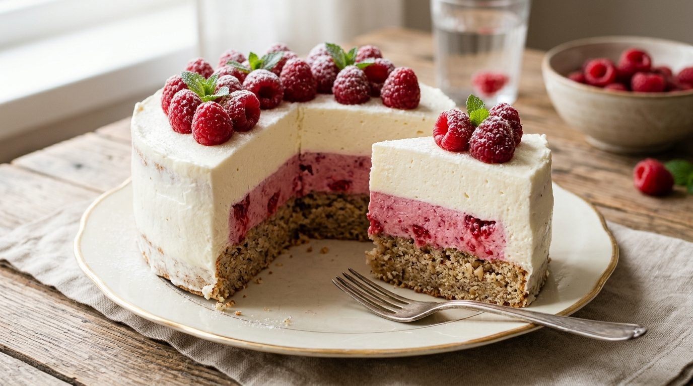 Le Tourbillon des Merveilles : entremets amande, framboise et mascarpone