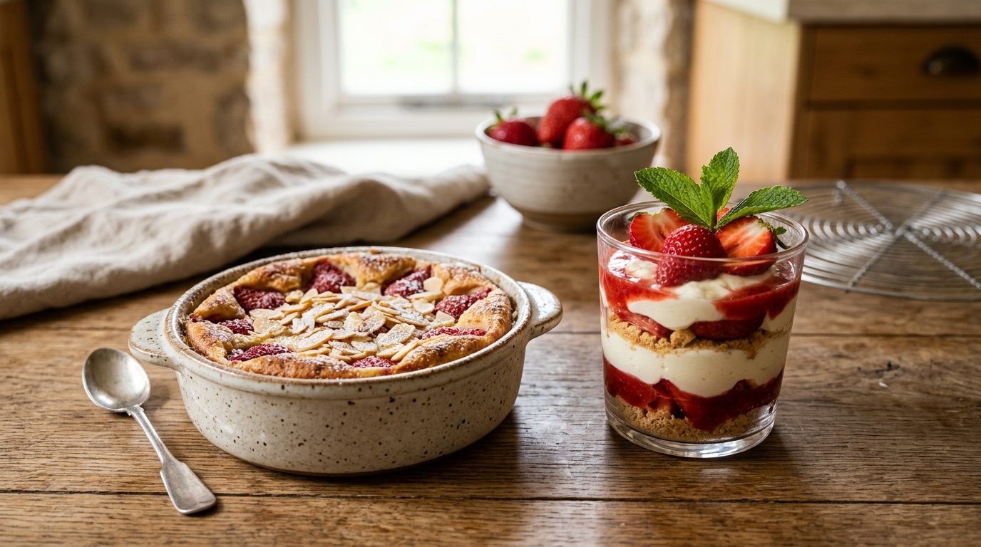 Fraises à l’honneur : clafoutis moelleux aux amandes et tiramisu fruité en verrines