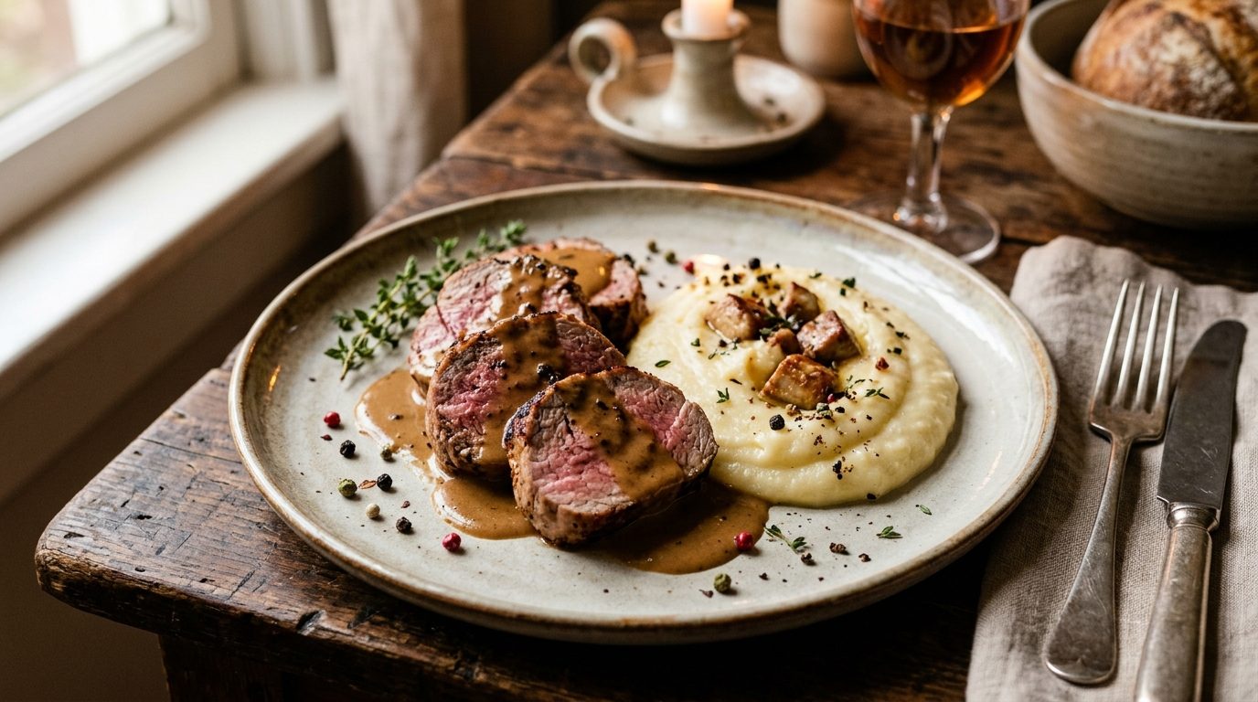 Filet mignon moelleux, sauce onctueuse au foie gras et purée de manioc