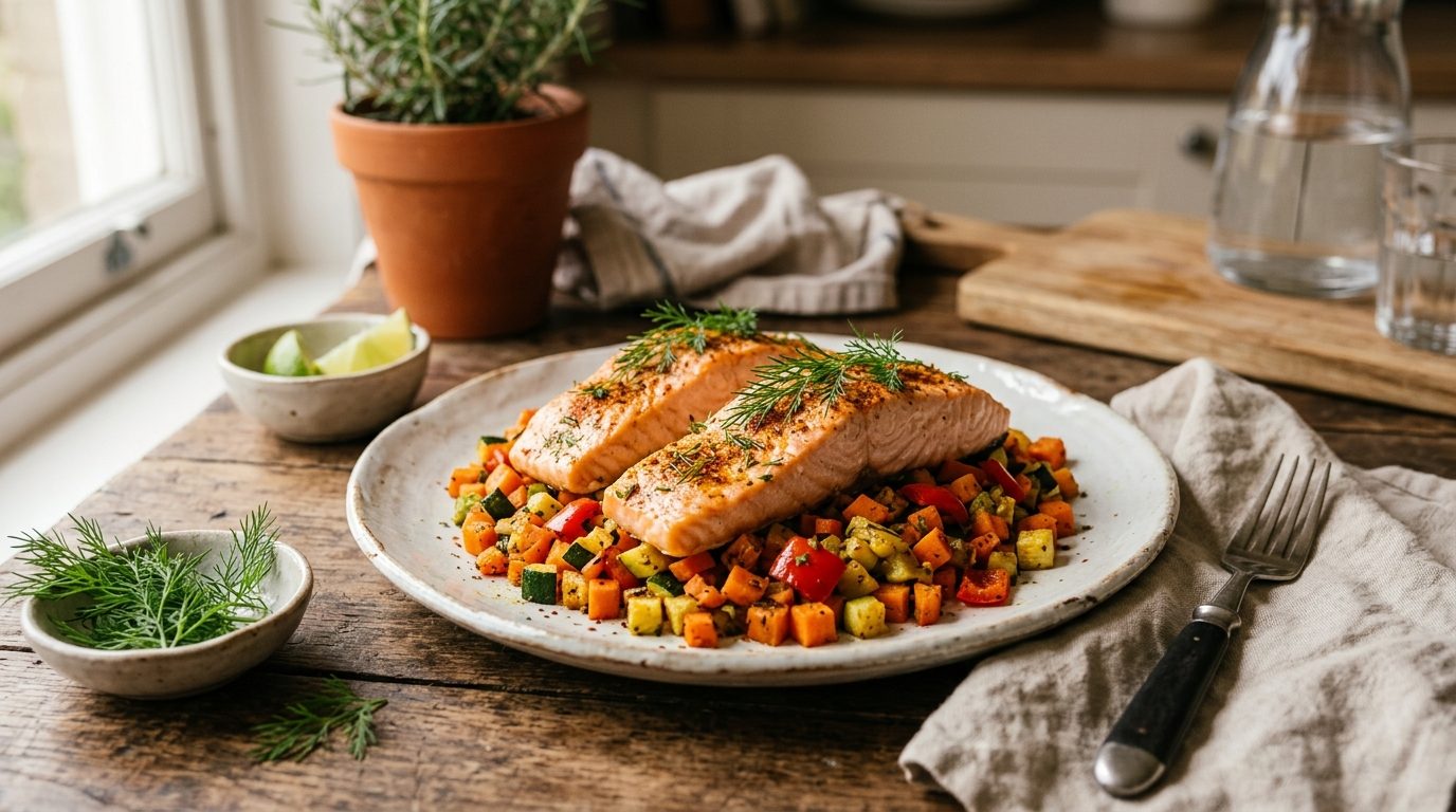 Pavés de saumon et ses petits légumes épicés à la vapeur