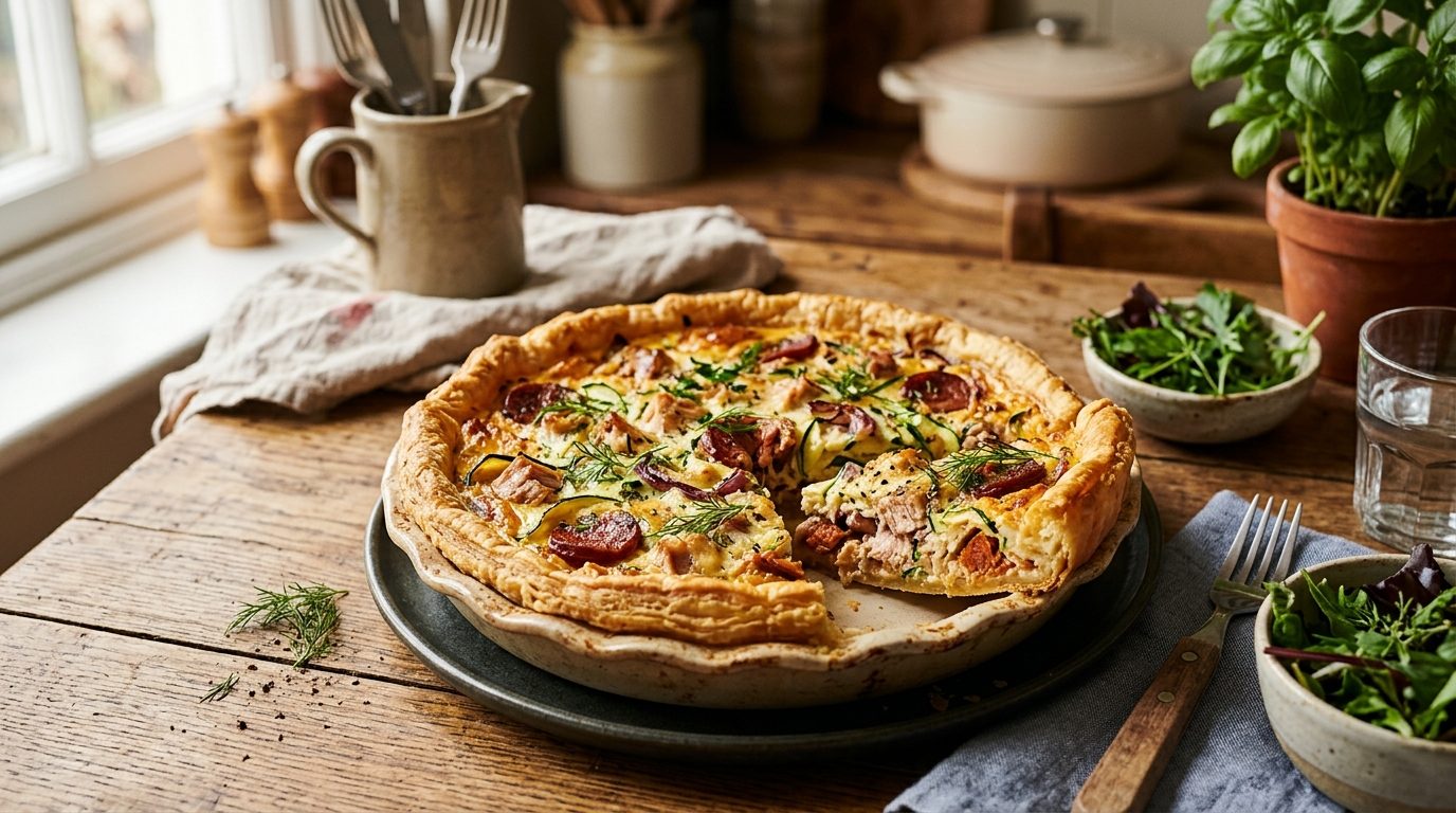 Tarte salée dorée au thon, chorizo et courgettes dans son plat de cuisson