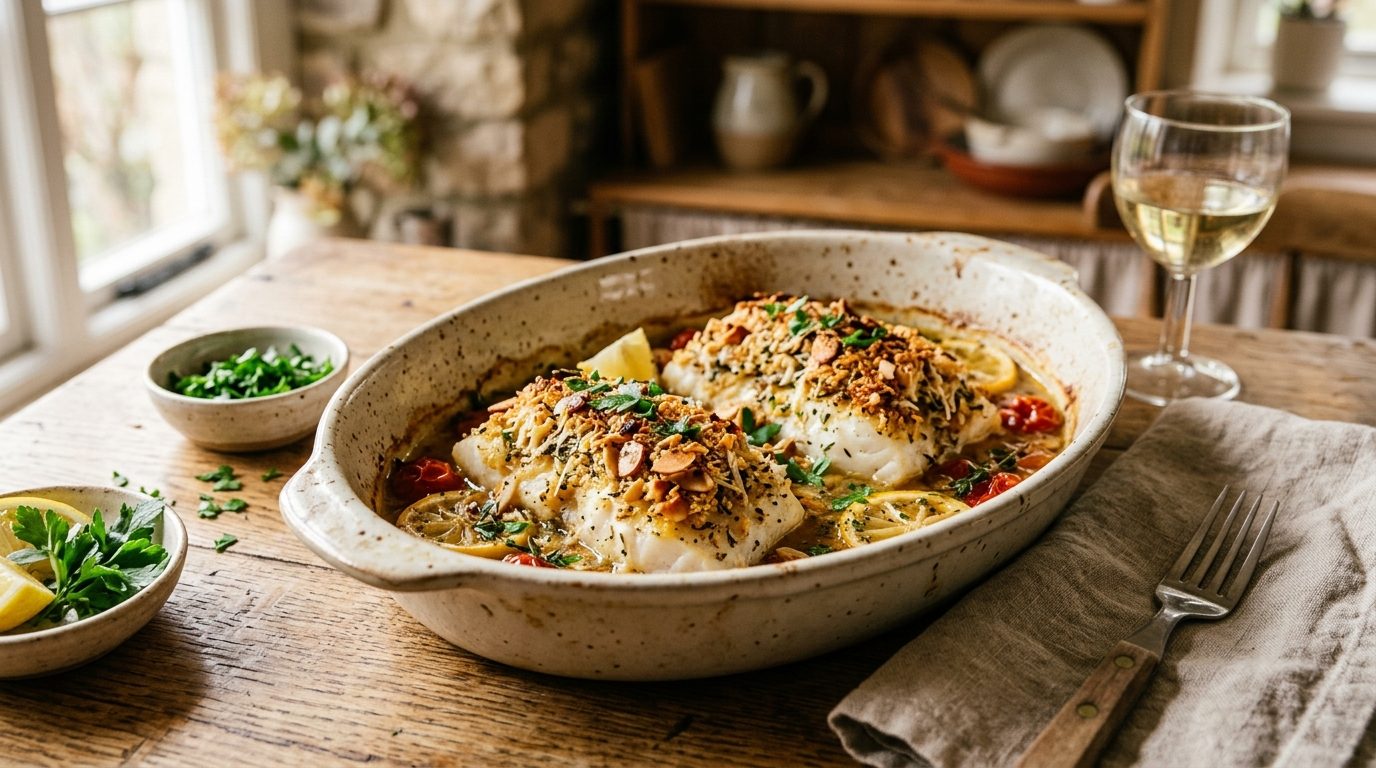Filet de colin en crumble croustillant au parmesan et amandes