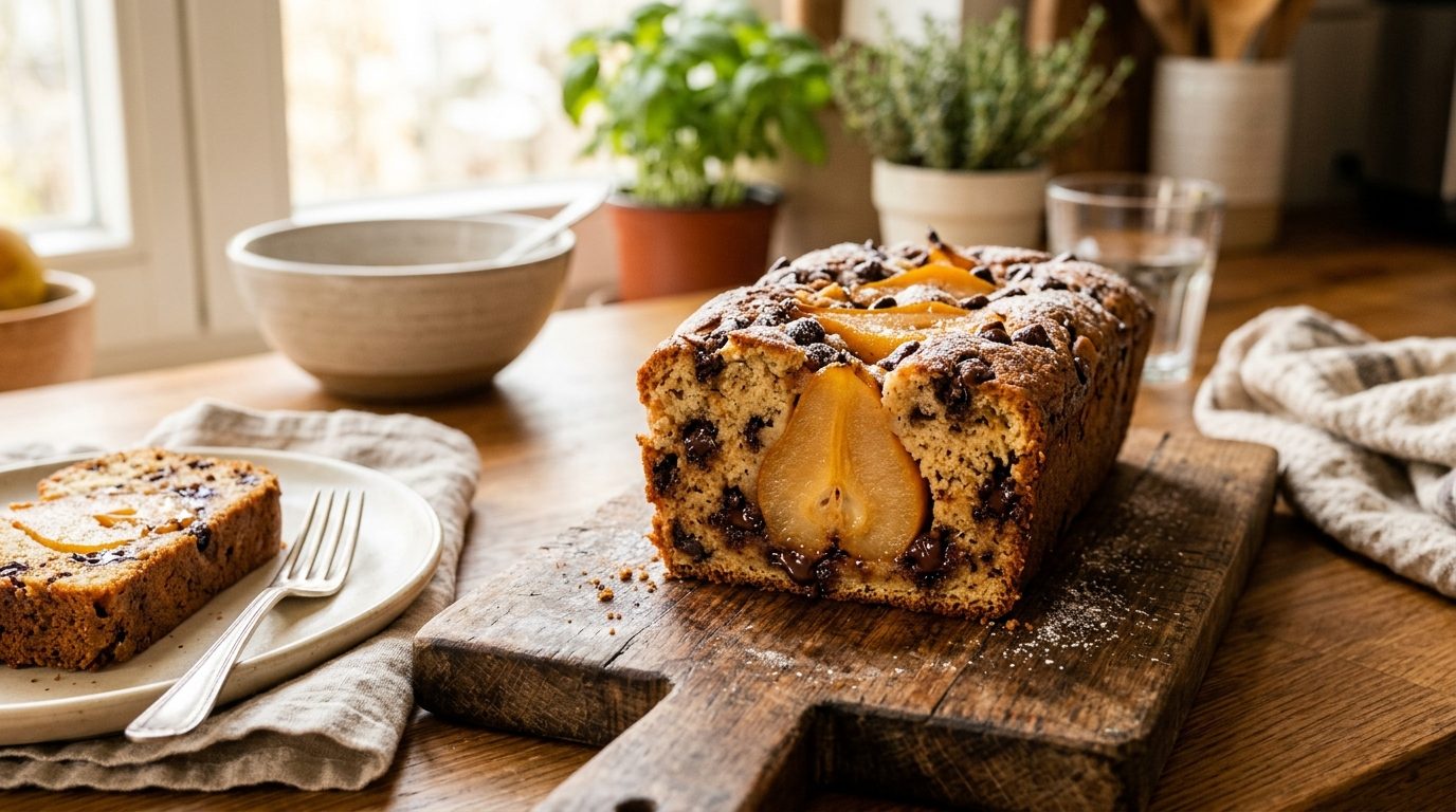 Gâteau moelleux aux poires et pépites de chocolat pour le goûter