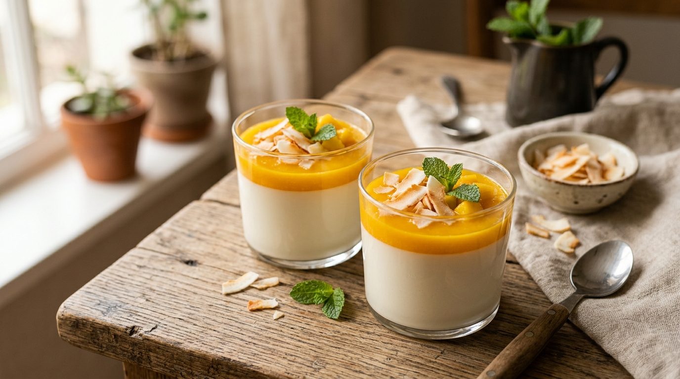 Panna cotta noix de coco et coulis de mangue fraîche