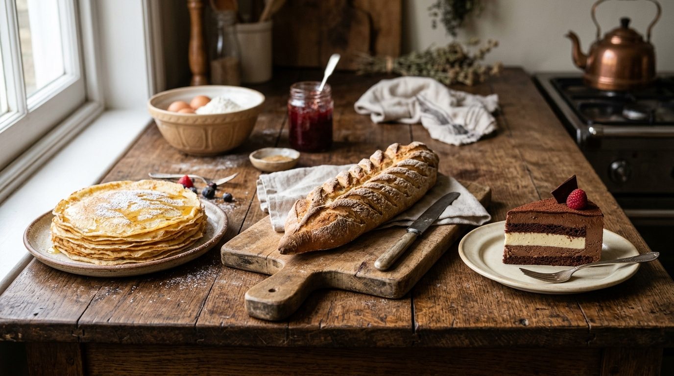 Table gourmande présentant des crêpes dorées, une baguette épi et un dessert au chocolat