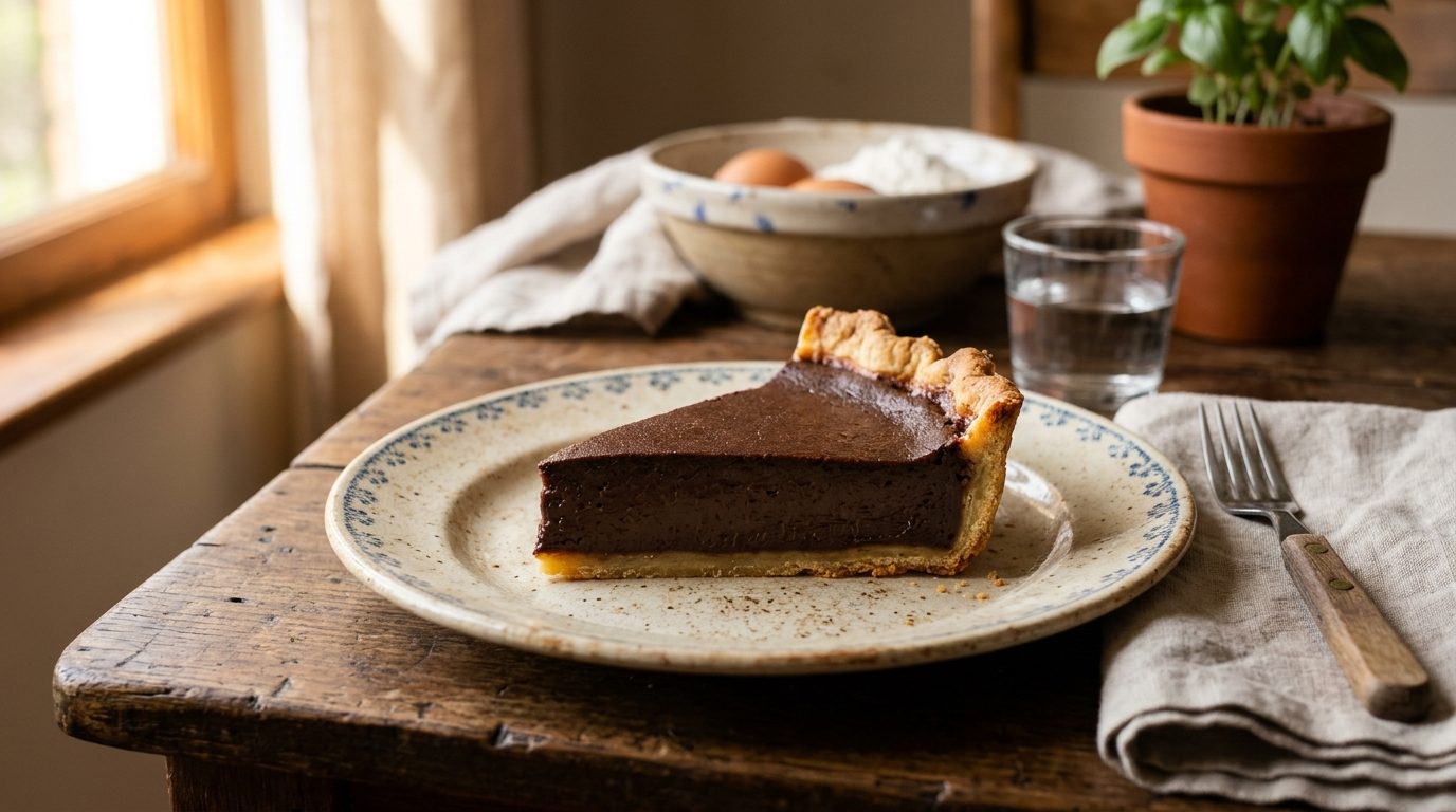 Part de flan pâtissier au chocolat noir sur assiette en céramique