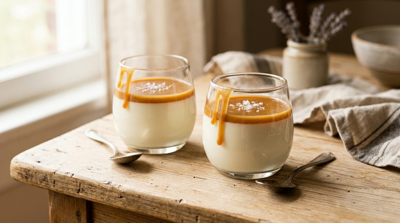 Verrines de panna cotta surmontées d'un coulis ambré de caramel au beurre salé maison