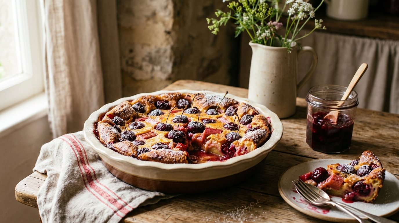 Clafoutis gourmand aux cerises et à la rhubarbe