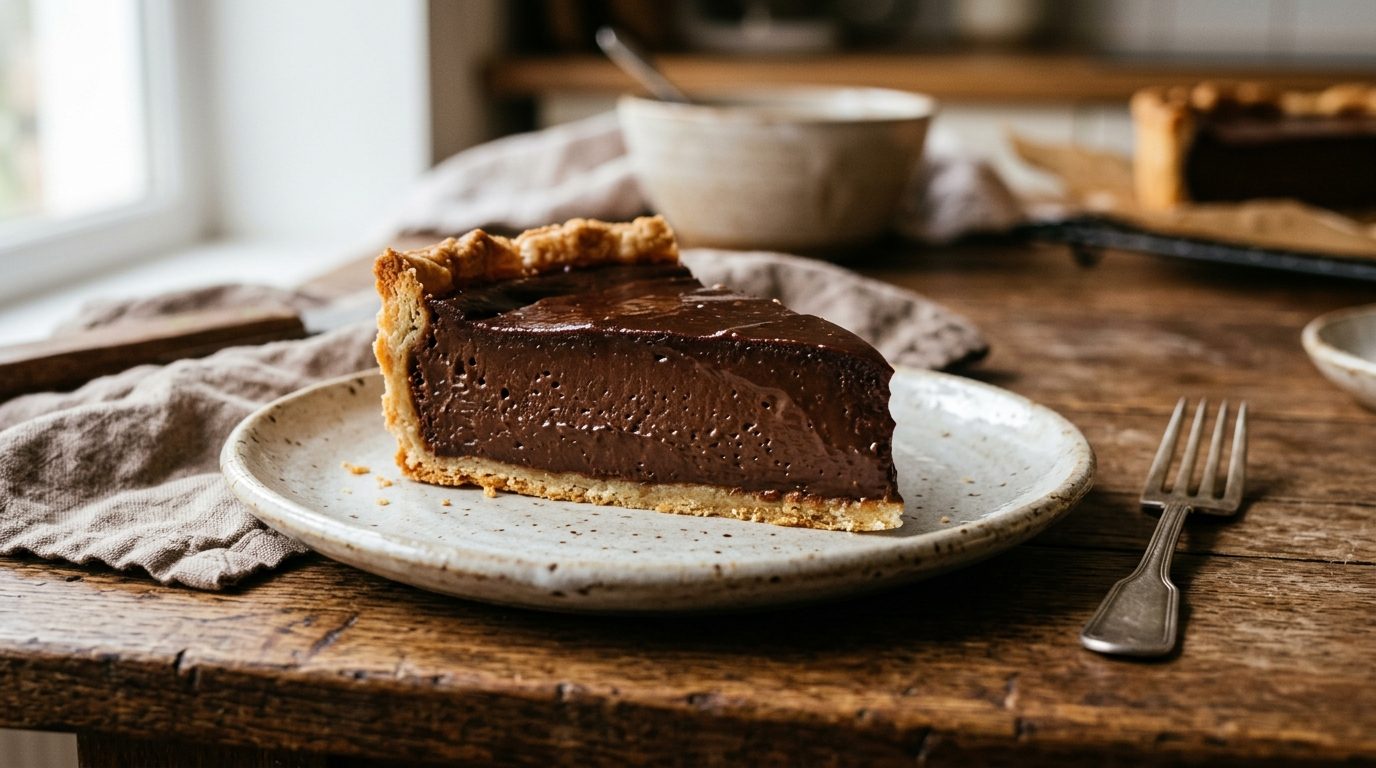 Part de flan pâtissier au chocolat noir sur une assiette en céramique