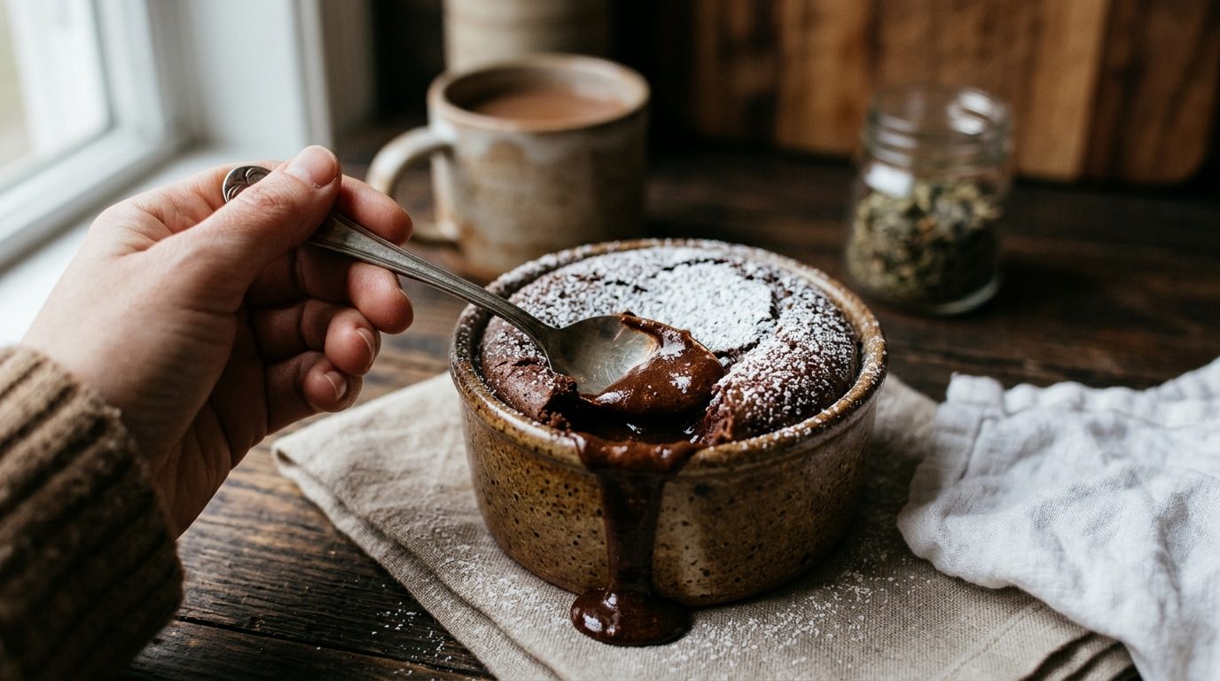 Fondant au chocolat individuel tout juste sorti du four avec son cœur coulant