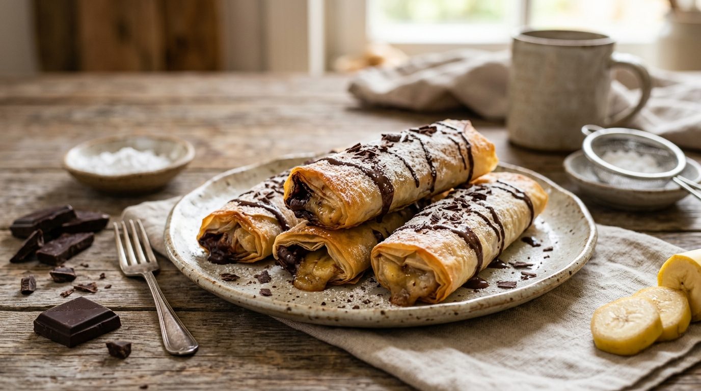 Nems croustillants à la banane et au chocolat
