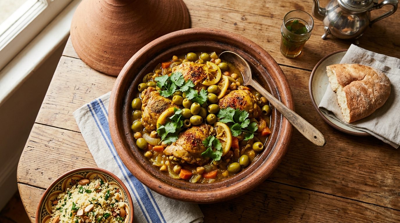 Tajine de poulet aux olives vertes et citron confit : la recette parfumée et fondante